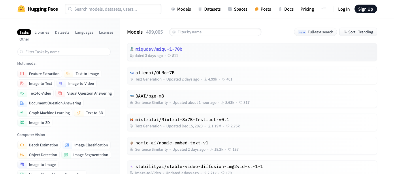Hugging Face model listing showing close to 500,000 models